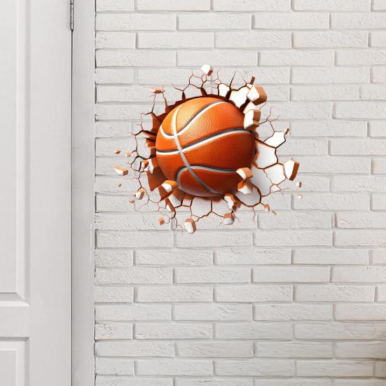 3D Basketball Wall Sticker Basketball Break Through The Wall Decor Self Adhesive Removable Wall Decal for Boys Bedroom Living Room Decor