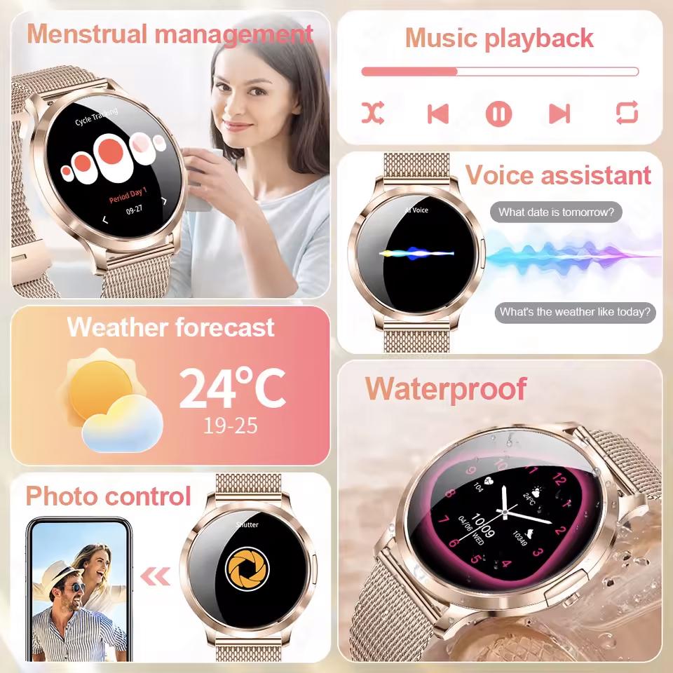 SACOSDING Женские модные смарт-часы 1.32'' AMOLED Ультратонкий 3D изогнутый экранНастраиваемый циферблат Звонки по Bluetooth Водонепроницаемые Спортивные женские смарт-часы