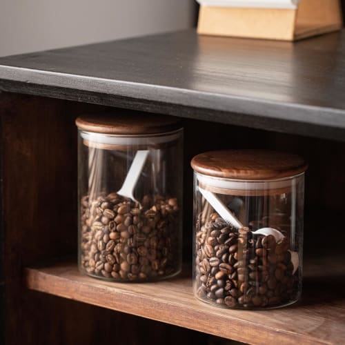 Vandroop Glass Canisters with Wooden Lids for Coffee Beans, Food Storage, and Kitchen Storage, Airtight, Walnut Finish, 2-Pack (420ml)
