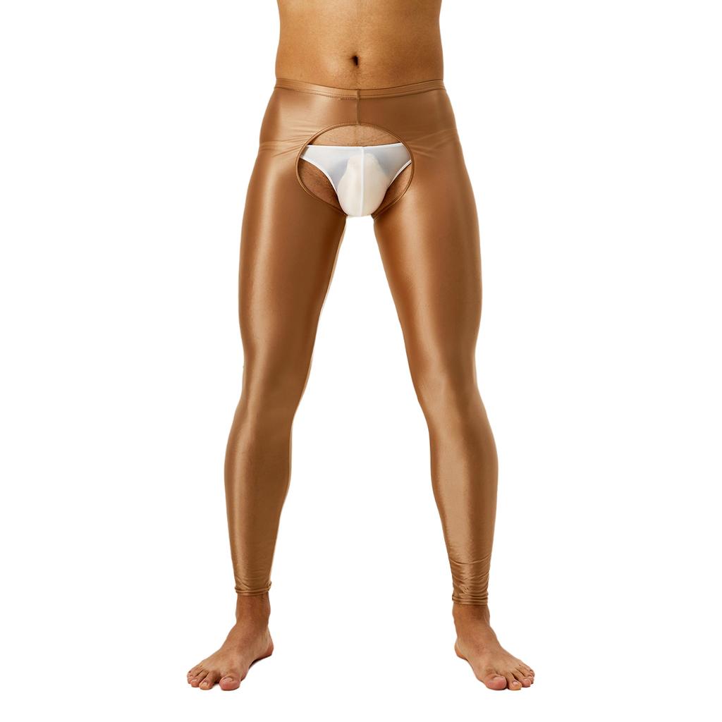 Mens Glossy Open Crotch Leggings Pants High Waist Slim Fit Tights Underwear Baselayer Pants for Nightclub Dance Wear