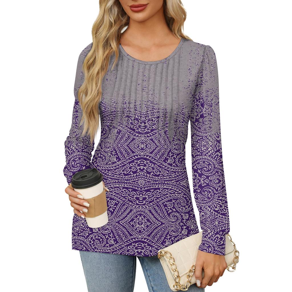 Women's Casual Top Gradient Printed Round Neck Long Sleeved Pleated T-shirt