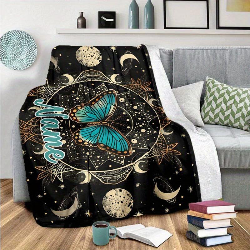 Mandala Blue Butterfly Moon Customized Your Name Blanket Warm Comfortable Soft Blanket For Chair Office Sofa Bed Sofa Office Camping Suitable For