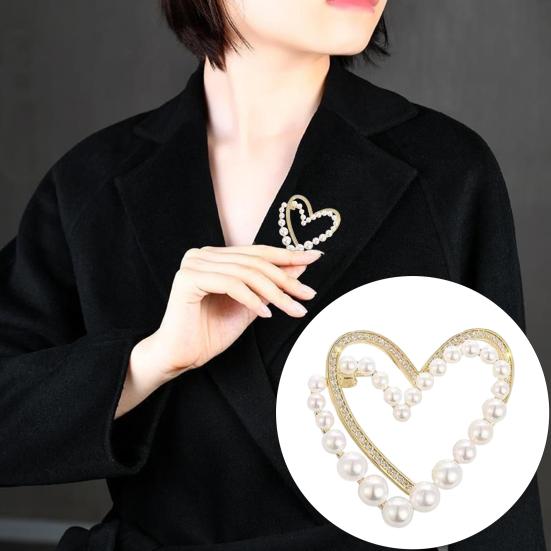 Women Brooch Faux Pearl Rhinestone Decor Heart Shape Stainless Anti-slip Wear-resistant Coat Collar Hat Scarf Decoration Clothes Pin Garment Jewelry