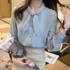 2023 Spring/Autumn Women's Chiffon Shirt with Rabbit Ear Bow - Long Sleeve Blue Top