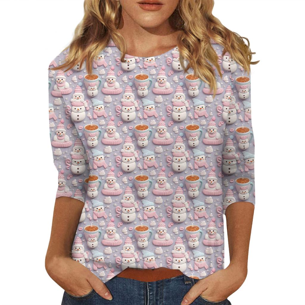 Женская модная повседневная футболка с рукавом три четверти и рождественским принтом, с круглым вырезом