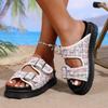 European and American Large-size Flat-bottomed Slippers 2025 Summer New Thick-soled Belt Buckle Round Head Women's One-character Sandals
