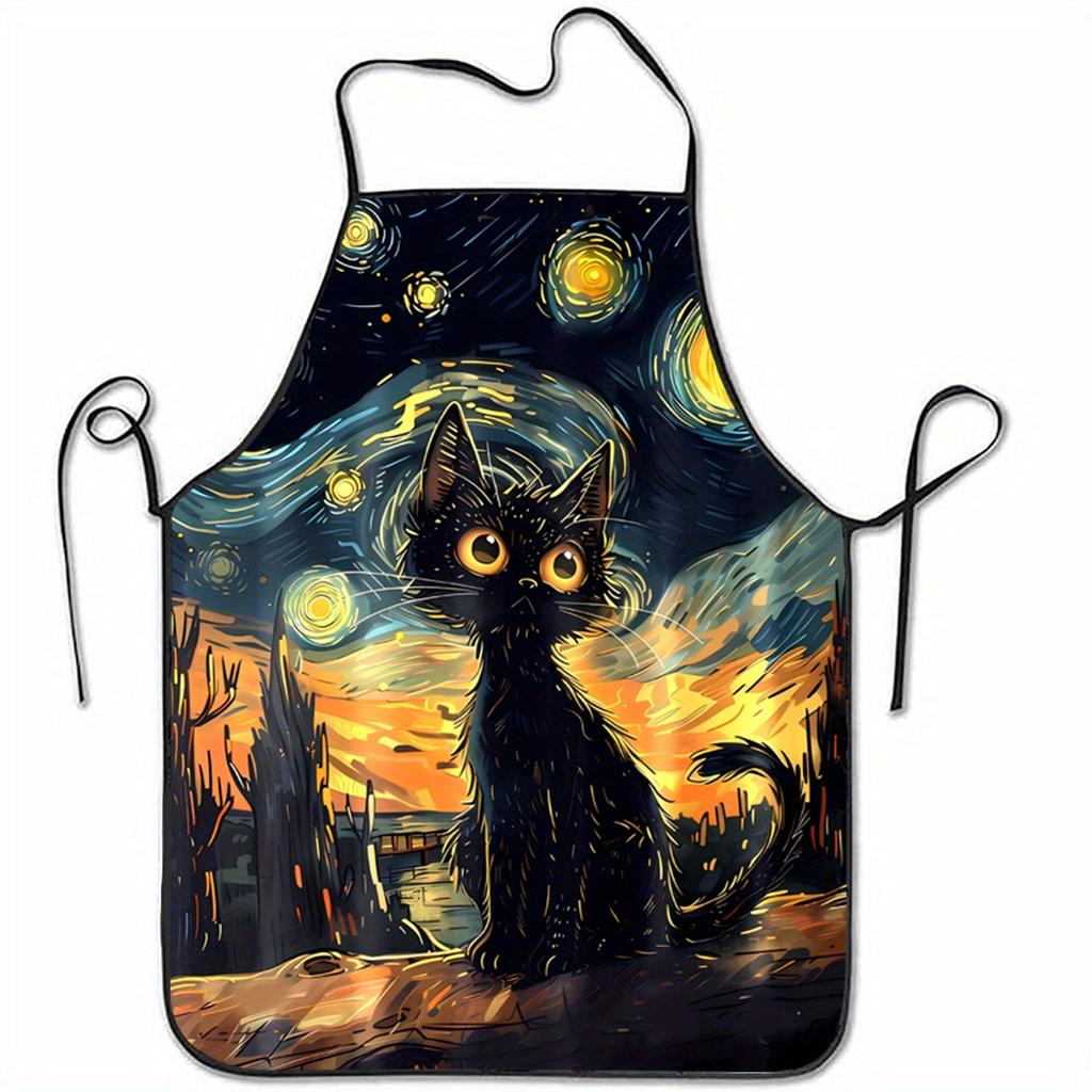 An Oil Painting Design Featuring A Golden-Eyed Black Cat Under Van Gogh'S Starry Night A Unisex Printed Apron Suitable For Cooki