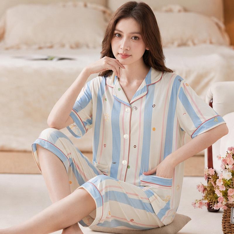 ins peach pajamas women's summer new imitation cotton short-sleeved cropped pants middle-aged mother's loungewear