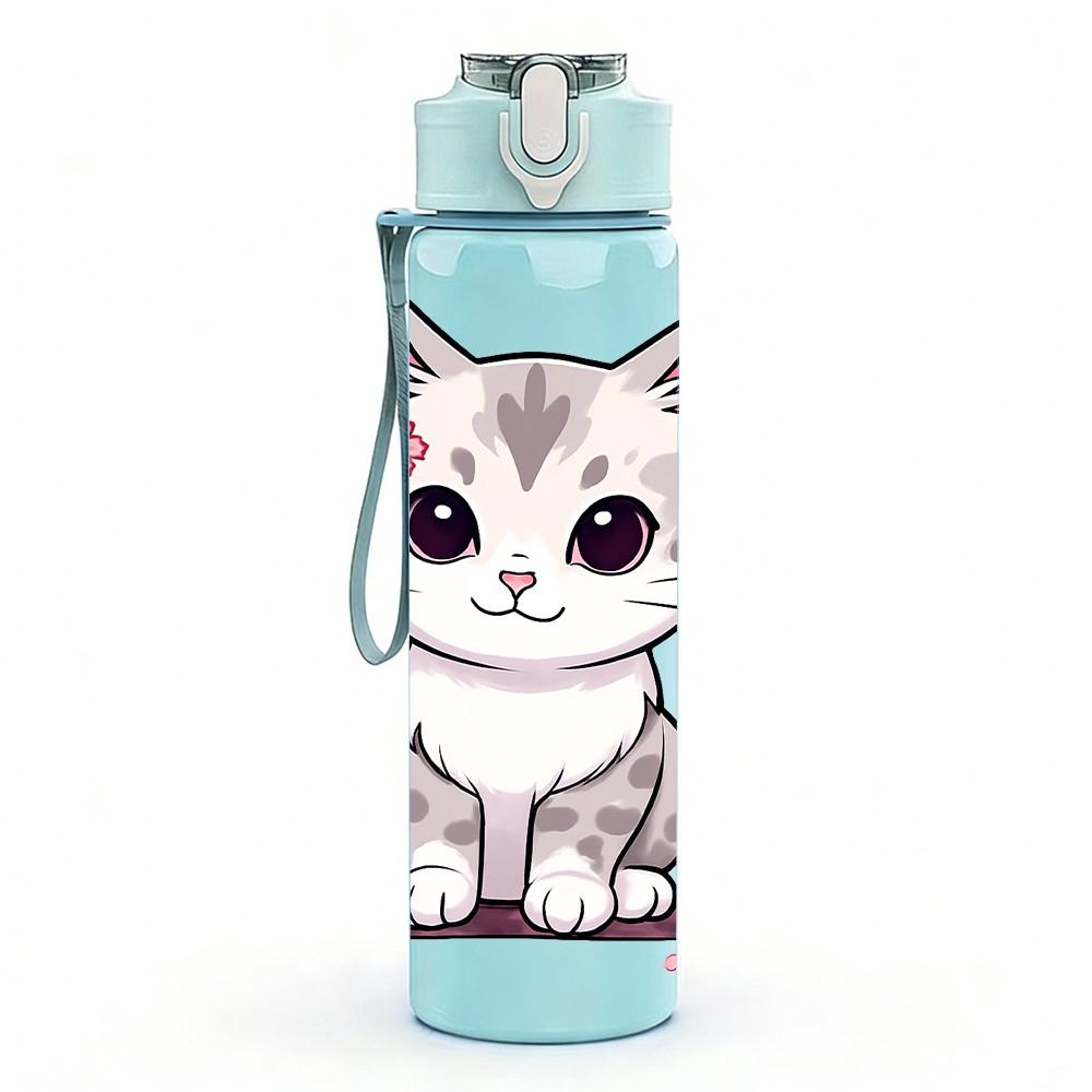 1PC Cute Kitten Cat Cherry Blossom Print 750ml Color Plastic Sports Water Bottle Leakproof Flip Straw Lid Suitable for Sports Office Home Use
