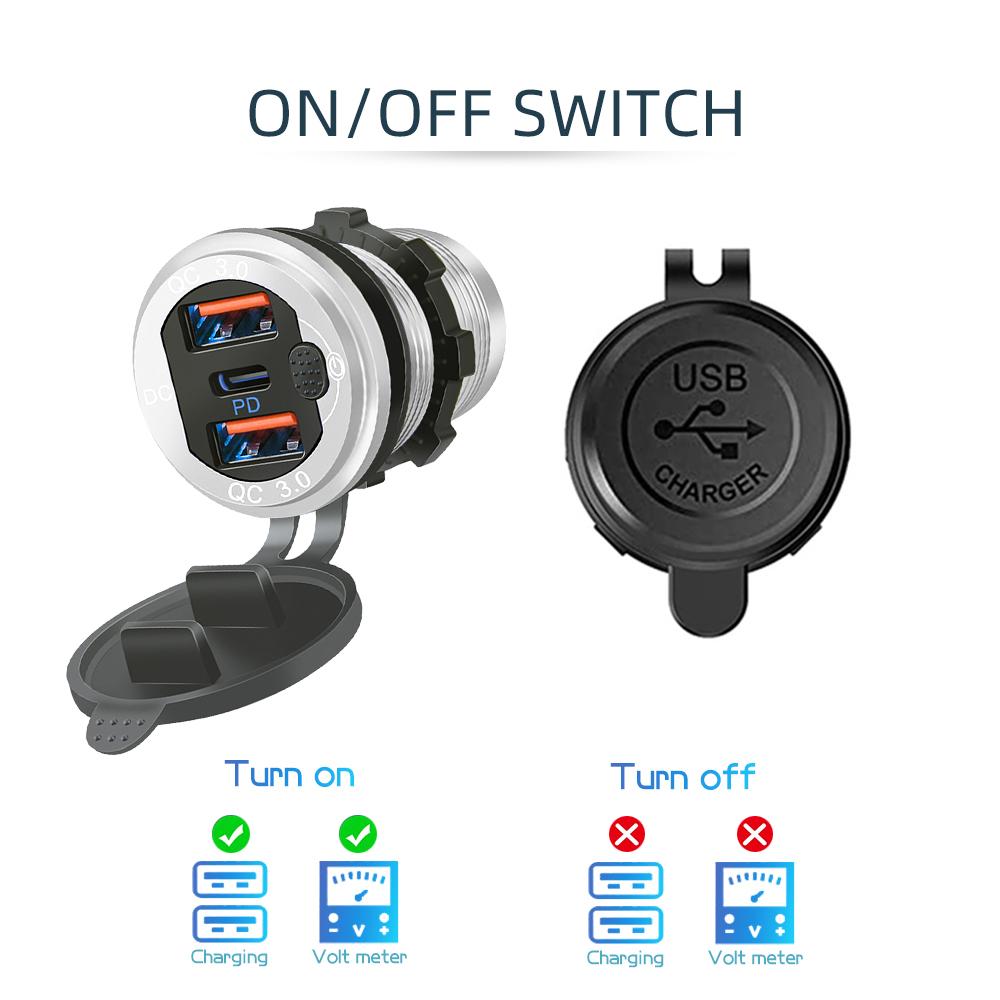 12 В/24 В USB Type-C Несколько автомобильных зарядных гнезд PD3.0 и порты QC3.0 Водонепроницаемый с сенсорным переключателем Быстрая зарядка Автомобильный мото-адаптер