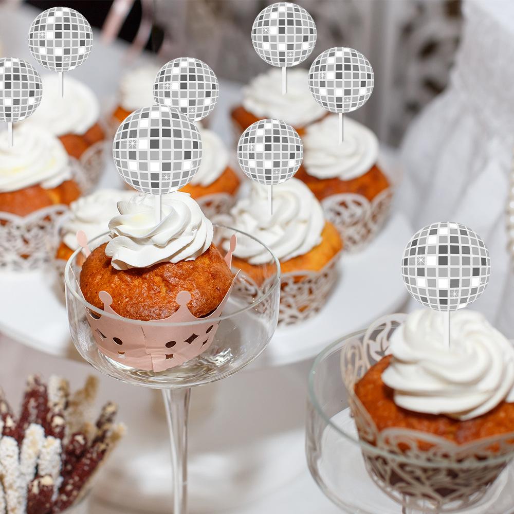 12/24pcs Glitter Disco Ball Cake Toppers 1970s Disco Ball Cake Picks Disco Theme Dance Birthday Bachelorette Party Decoration