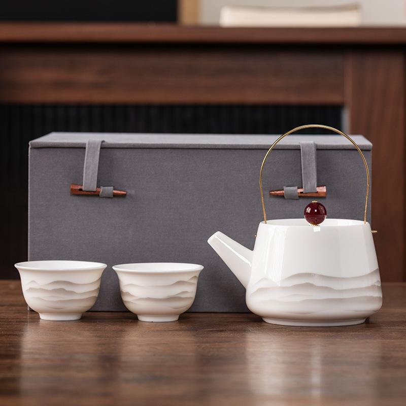 Чайник луч один горшок и две чашки жирный нефрит фарфор легкая роскошь набор для чая кунг-фу чашка Куайкэ высококлассная парчовая коробка подарочная коробка