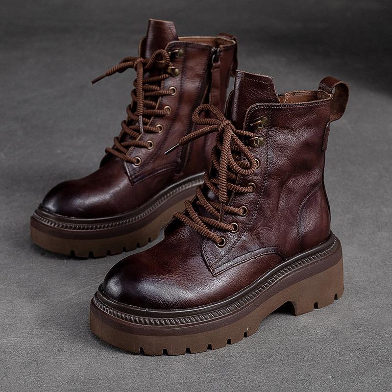 Johnature Винтажные сапоги на толстой подошве, короткие сапоги из натуральной кожи с боковой молнией, модная универсальная женская обувь