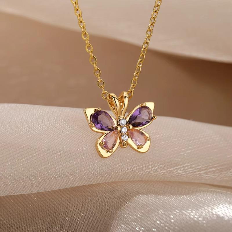 Pink Zircon Butterfly Necklace Female Versatile High Sense Light Luxury Temperament Titanium Steel Amethyst Collarbone Chain