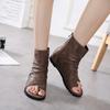 Black/Khaki Women Cool Boot Retro Ring Toe Wedge Sandals Gladiator Rome Shoes Soft Leather Ankle Boots Casual Zipper Flat Botas