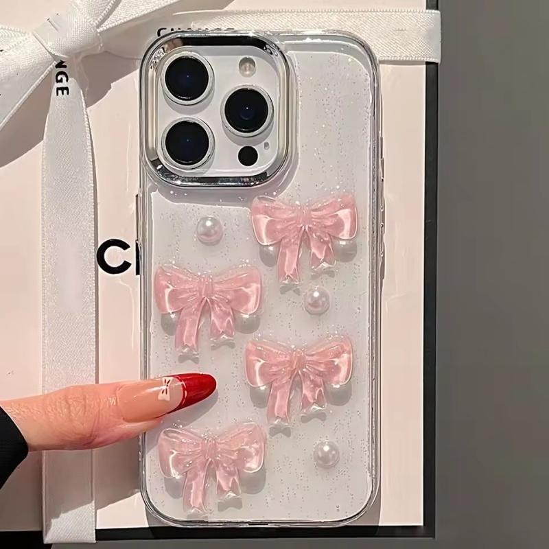 Милый 3D Розовый Бантик Жемчуг Блестки Чехол Для Телефона iPhone 16 15 14 13 12 11 Pro Max Plus Корейская Девушка Эпоксидный Прозрачный Мягкий Задний Чехол