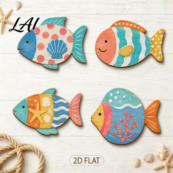 Decorative Hanging Fish Plaques 4PCS Aspen Wood Wall Decor Colorful Marine Life Home Accents Art Beach Theme for Bathroom Living Room Nautical Style