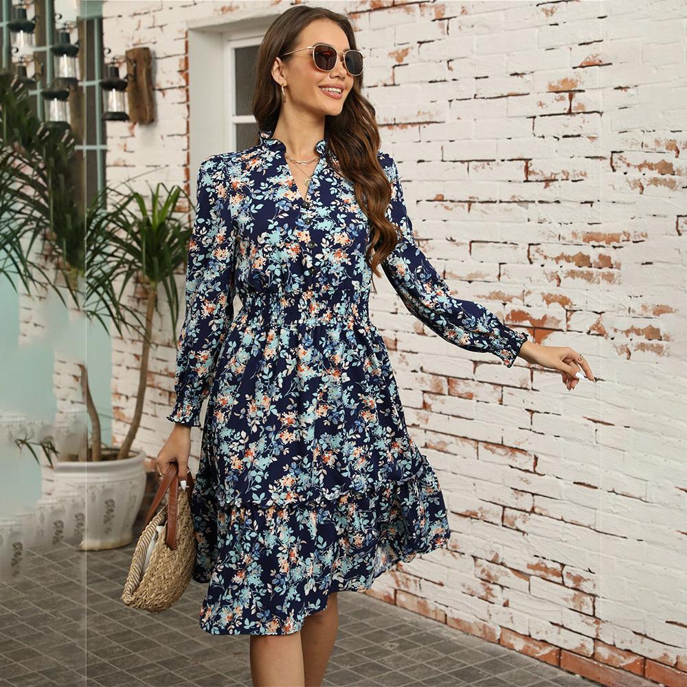 Осень-зима женское элегантное повседневное платье трапециевидной формы длиной до колена с высокой талией и длинным рукавом с принтом