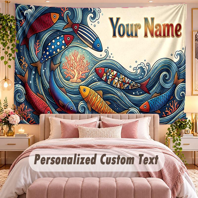 Fish Ocean (121) Theme Wall Tapestry Customized With Name Text Personalized Hanging Tapestry For Bedroom Living Room Decor