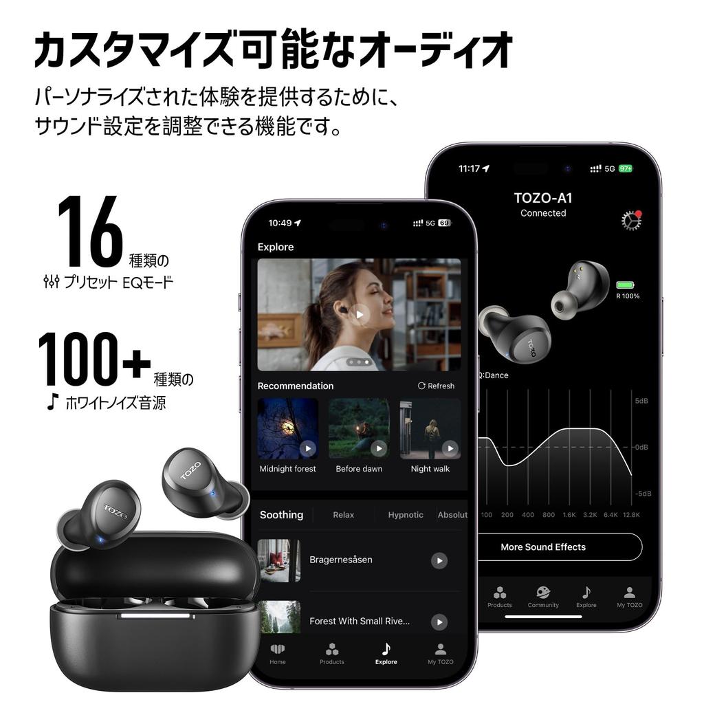 TOZO A1new Latest Design Hours Music Waterproof with Dedicated Custom EQ Mode Passive Noise Canceling Instant Connection Long Distance Connection Fast