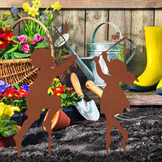 1 Pair Silhouette Art Model Little Boy Girl Shape Character Silhouette Art Ornament Garden Decor Stakes Sculpture Lawn Yard Decoration