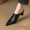 Fashion 2025 Women's New Spring/Summer Pointed Sheepskin Leather Genuine Leather Sheepskin Baotou Middle Heel Large Muller Half Slippers