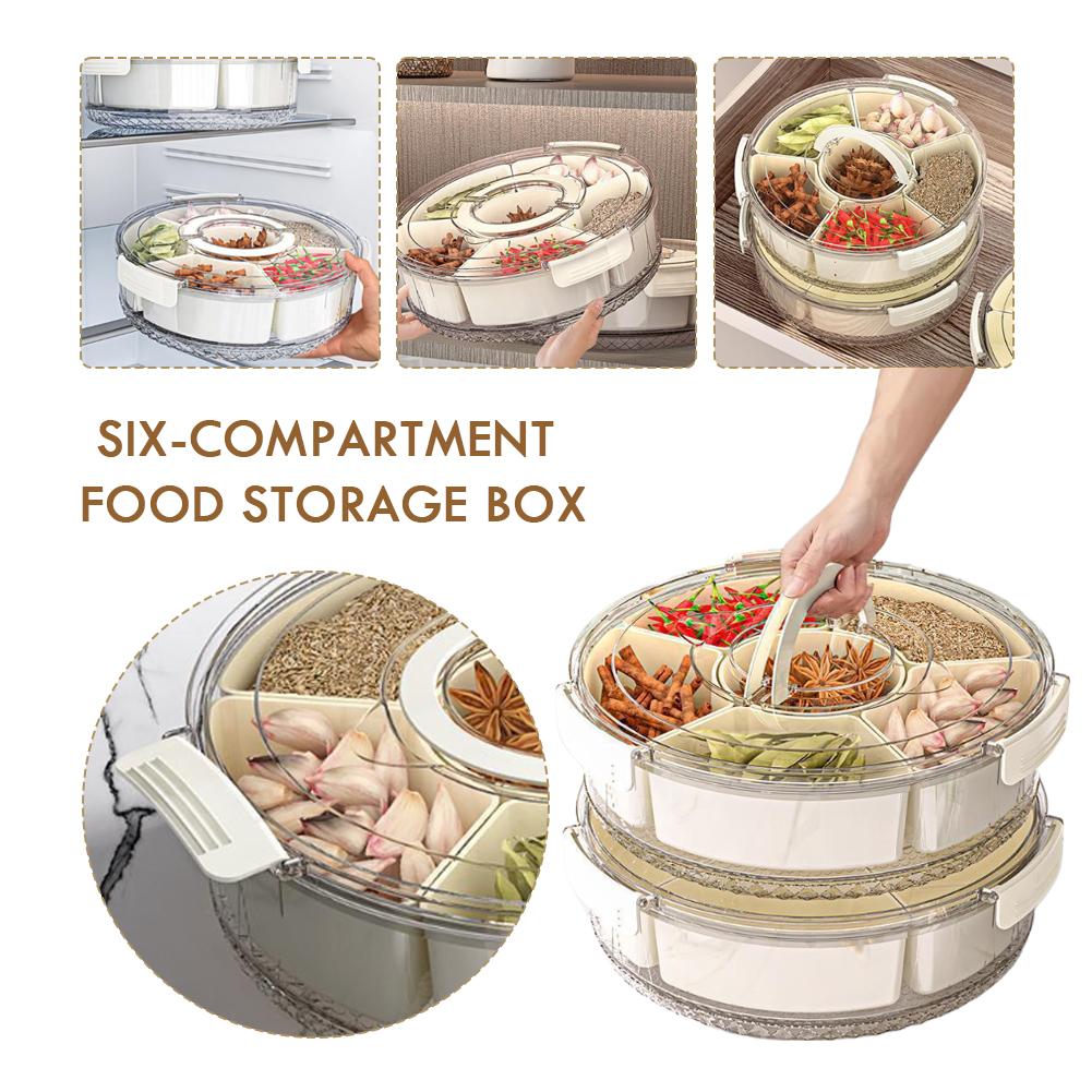 Six-Grid Food Storage Dried Fruit Snack Plate ,Rotatable Storage Container, Snack And Vegetable Tray With Lid And Hand