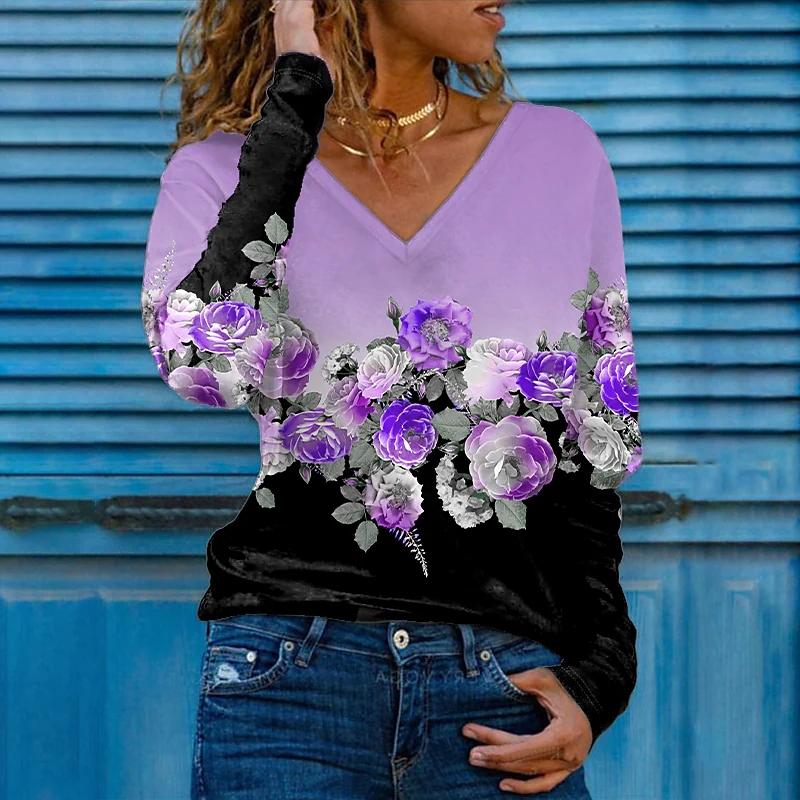 Женские футболки с 3D принтом розы, женские топы, пуловер с длинным рукавом и v-образным вырезом, женские футболки, футболка для женщин