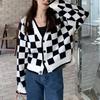 V-Neck Checkered Cardigan Sweater Chic Autumn Korean Version New French Fashion Ins Knitted Women'S Autumn Top