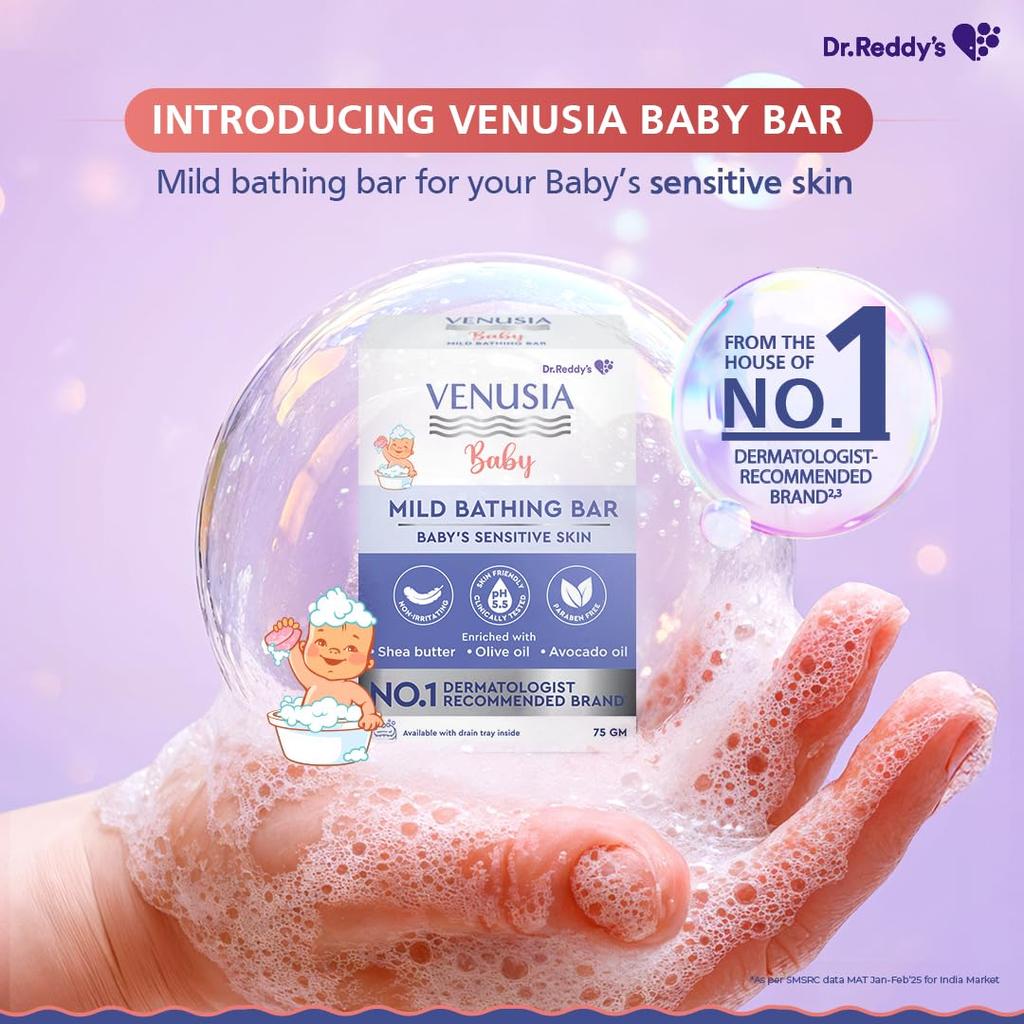 Venusia Baby Mild Bathing Bar 75g Pack of 1 | Gentle pH 5.5 Soap-Free Baby Cleanser | Non-Irritating, Paraben-Free