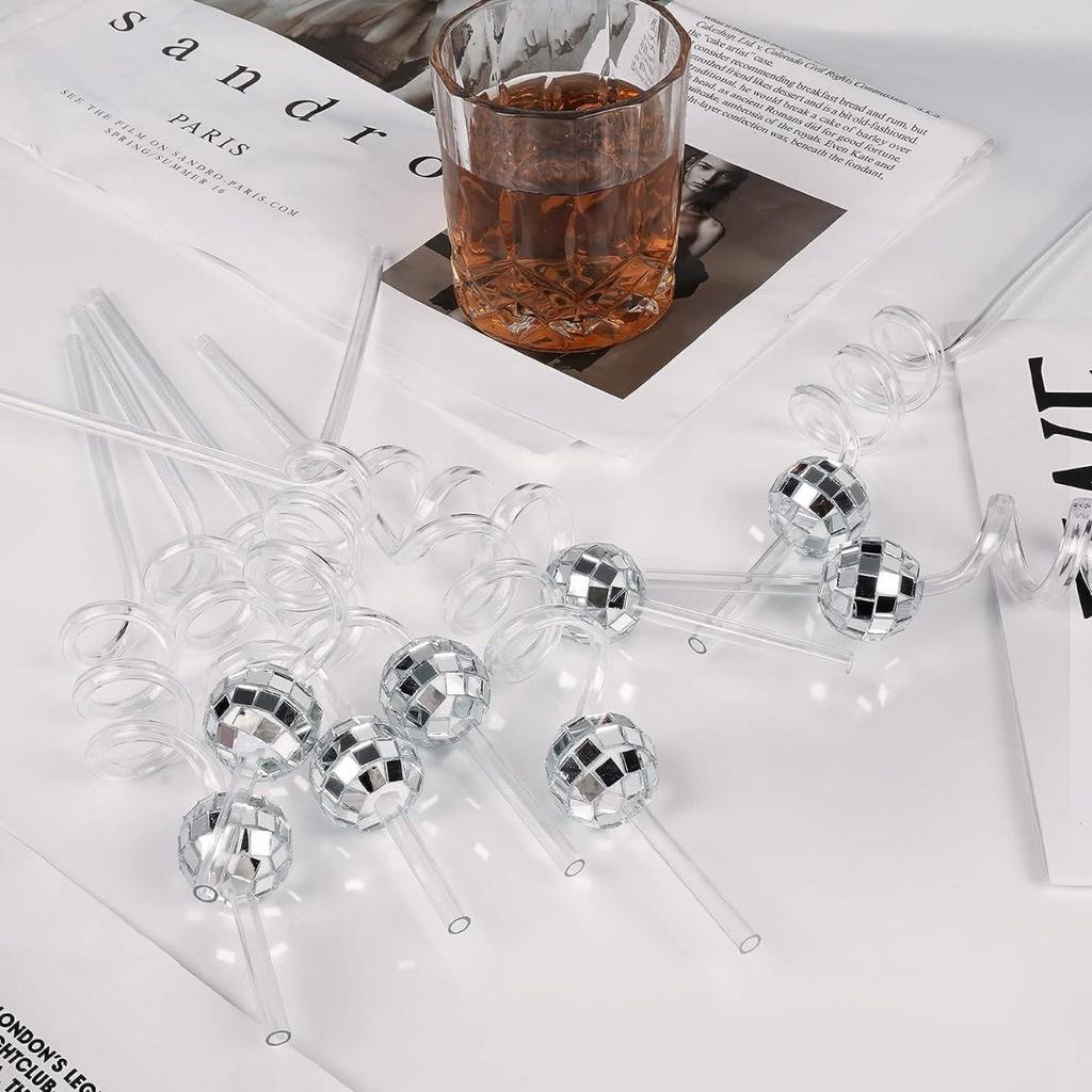 12 PCS Disco Ball Straws Disco Party Decorations Glitter Mirror Disco Ball Straws Plastic Straws 1970s Retro Disco Party Birthday Party Wedding Decor