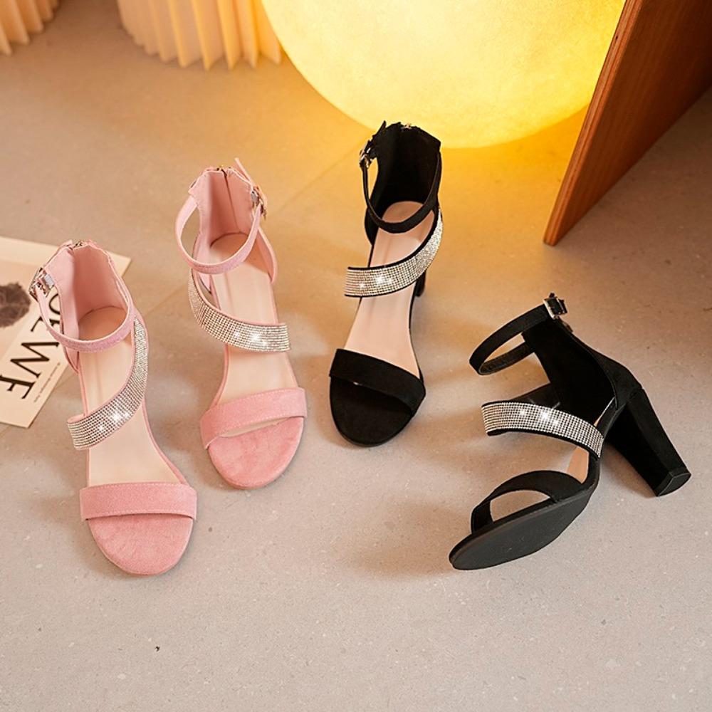 2024 Новые модные босоножки на высоком каблуке с плюшевой отделкой Water Diamond Rear Zipper Sandals