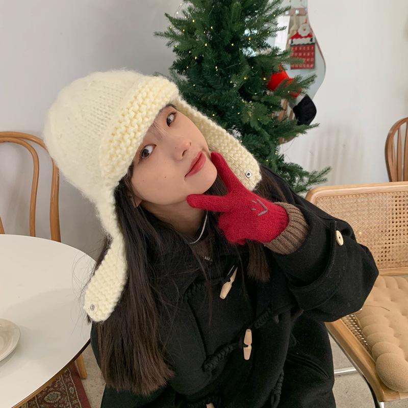 Korean Version of Knitted Flying Hat for Women Showing Their Faces Small Warm Ear Protection Wool Hats Autumn and Winter Lei Feng Hat Trend