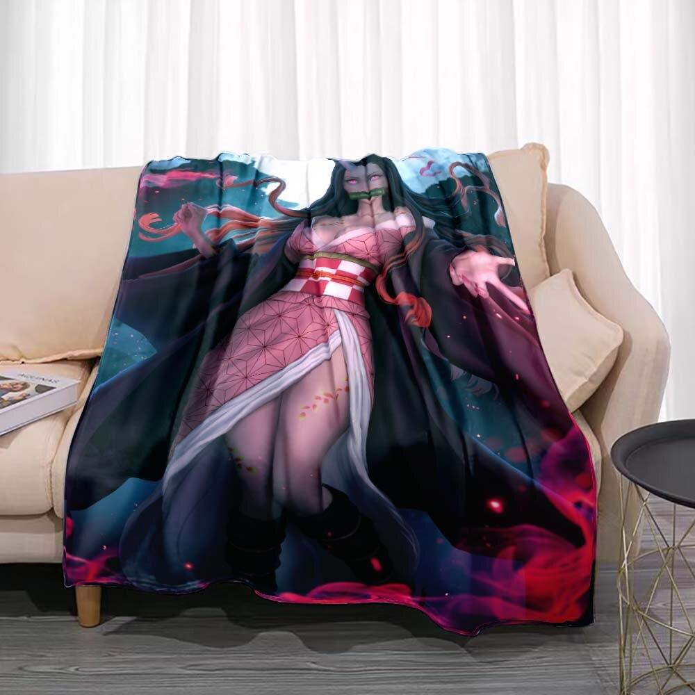 Demon Slayer Flannel Throw Blanket Anime Cartoon Smooth Soft Bedspread Warm Gamer Gift Living Room Sofa Home Bedroom Decor