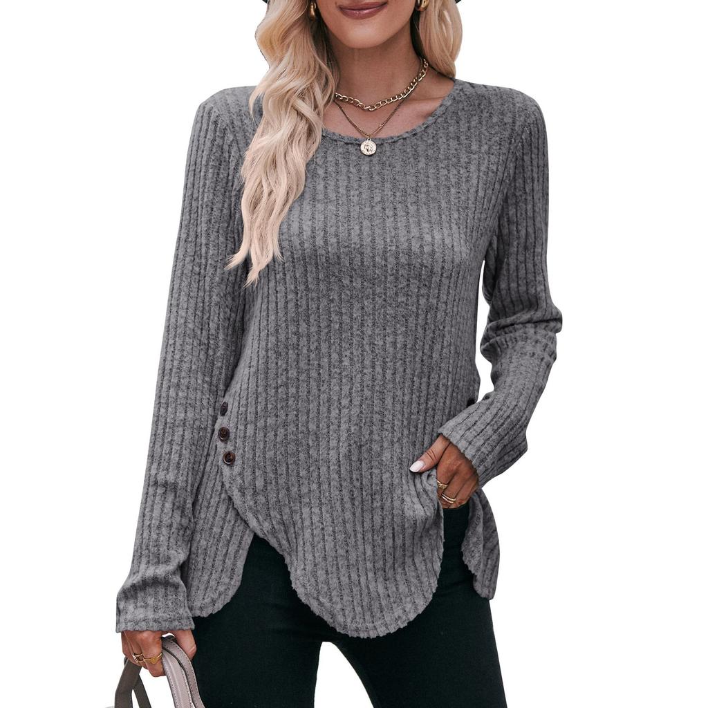 Autumn and Winter Women's Blouse Round Neck Pit Stripes Abrasion Solid Color Long Sleeve Tops
