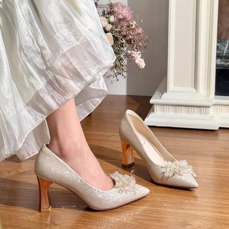 Rhinestone Flower Block Heel Single Shoes Autumn New Pointed Toe Shallow Mouth Slip Foot Anti-Slip Wear-Resistant High Heels