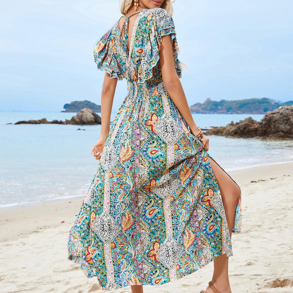 2025 V-образный вырез спинки вискозный набивной оборки короткие рукава разрез платье для женщин