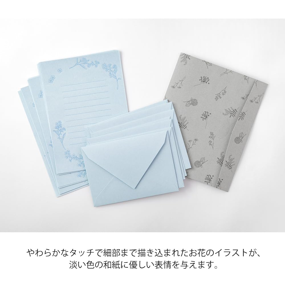 Midori Letter Floral Washi Paper with Paper 86932006 Set, Case, Blue,
