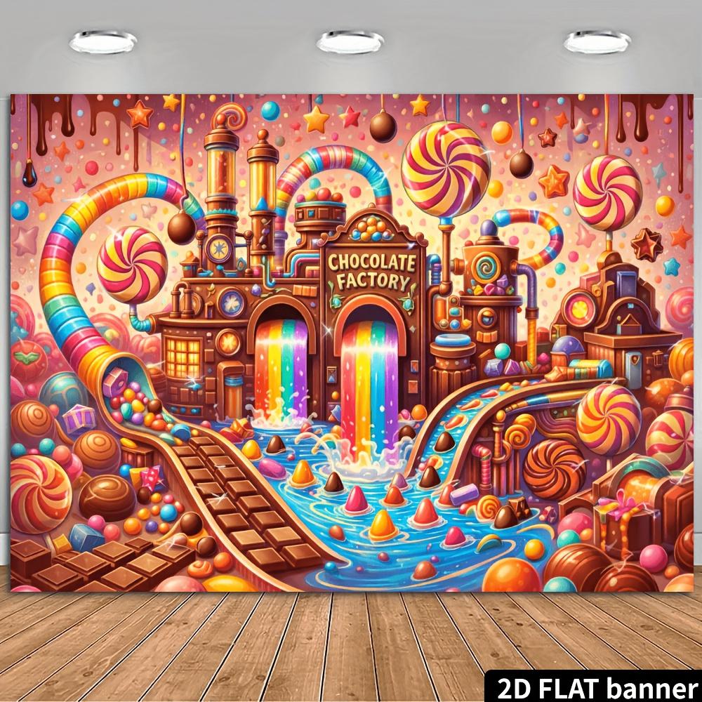 2D flat chocolate factory double rainbow waterfall background circular lollipop tube decoration durable materials