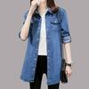 Женская рубашка-пальто с лацканами и длинными рукавами, свободная джинсовая рубашка средней длины, базовая верхняя одежда в повседневном стиле с карманами