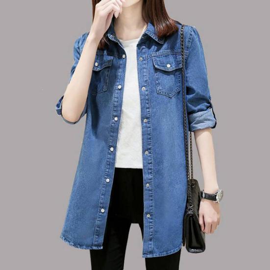 Женская рубашка-пальто с лацканами и длинными рукавами, свободная джинсовая рубашка средней длины, базовая верхняя одежда в повседневном стиле с карманами