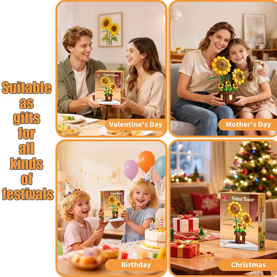291Pcs Sunflower Potted Plant Building Block Eternal Flower Bricks Home Decoration Assemble Bricks Toys Kids Girl Gift