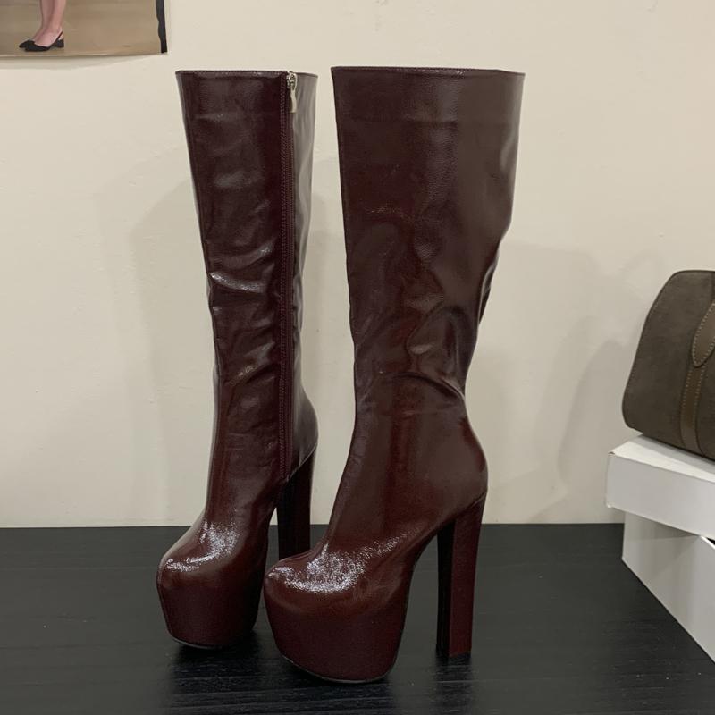 Eilyken Punk Style Square High Heels Women Knee-High Boots Fashion Zipper Platform Round Toe Autumn Winter Shoes