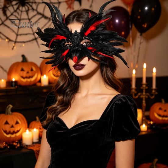 Костюм для сценического выступления Реквизит Готический Маска из Перьев и Кружевной Плащ Комплект, Хэллоуин Рога Дьявола Драматическая Вечеринка Маскарад Косплей Реквизит, Темный Вампир