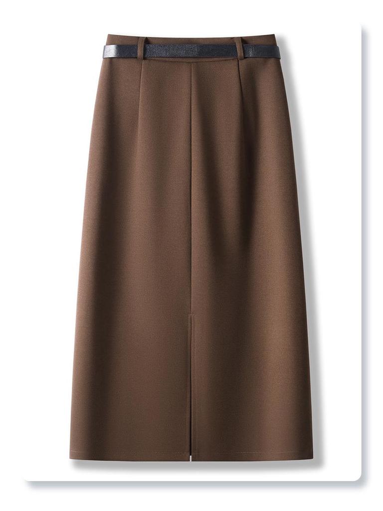 Женская юбка миди из шерсти цвета хаки 2024: Новый осенне-зимний прямой крой, миди длина с разрезом, облегающий дизайн.