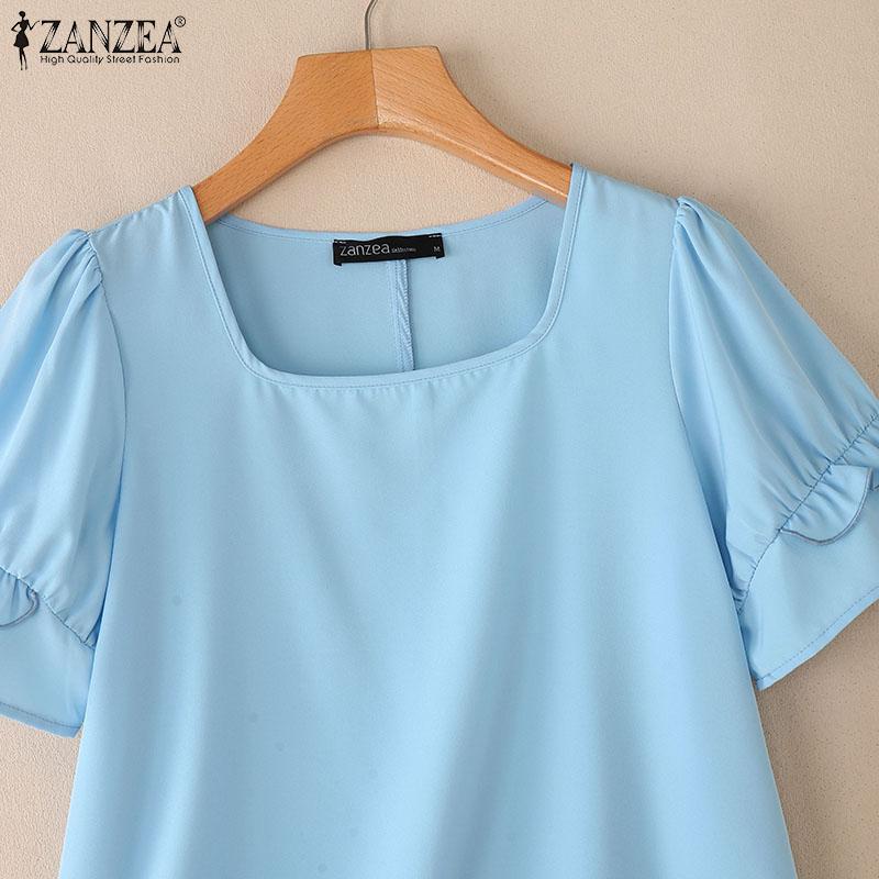 ZANZEA Women Casual Square Collar Loose Summer Short Sleeve Plain Blouse