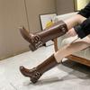 Fashion Thick Sole Leather Western Boots Women 2024 Vintage Fashion Buckle Design Knee High Knight Boots Woman Medium Heel Cavalry Boots