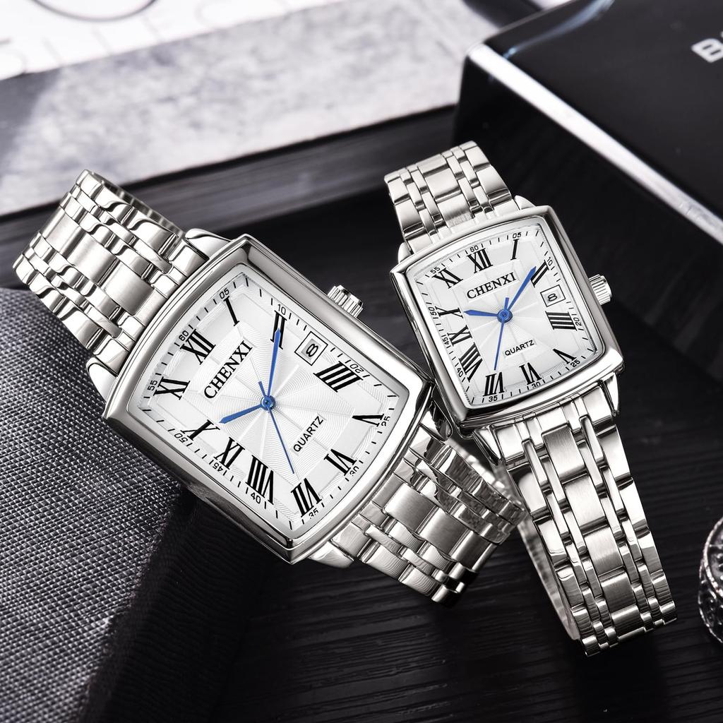 Stainless Steel Calendar Analog 3ATM Waterproof Antique Roman Stylish Pair Watch Square Quartz Watch Silver Fashion Accessories Birthday Anniversary