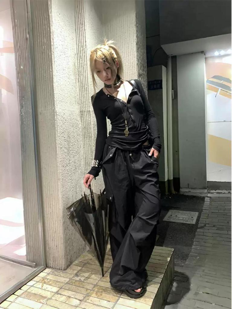 Футболка Karrcat Trashy Y2k Button T Shirt Grunge Aesthetics Black Ribbed Tops Gothic Vintage Harajuku Футболка с длинным рукавом American