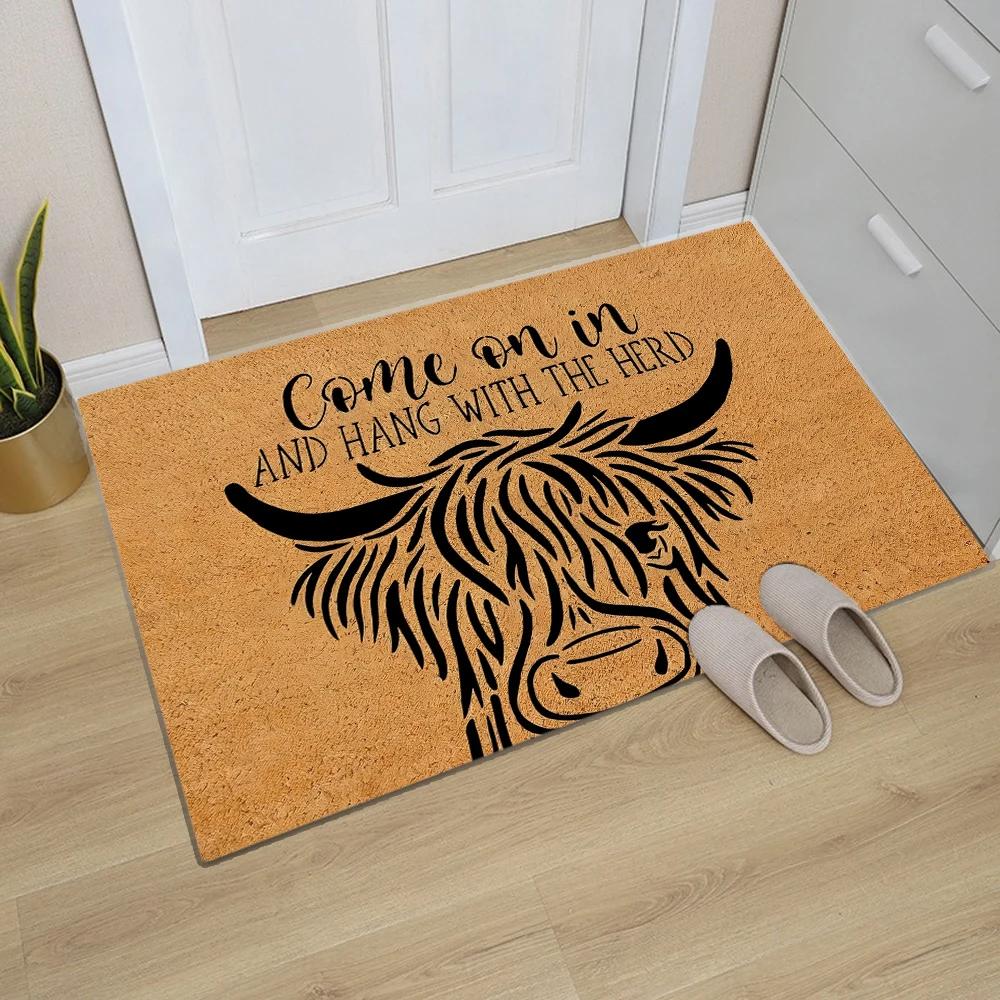 VIKAMA Highland Cow Welcome Doormat Indoor/Outdoor Non-Slip Entrance Rug Kitchen & Bedroom Floor Mat Rustic Home Decor